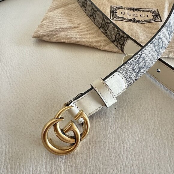 NEW GUCCI 430$ GG Marmont Belt In Beige GG Supreme & White Leather 100 Cm 40 In main image 2